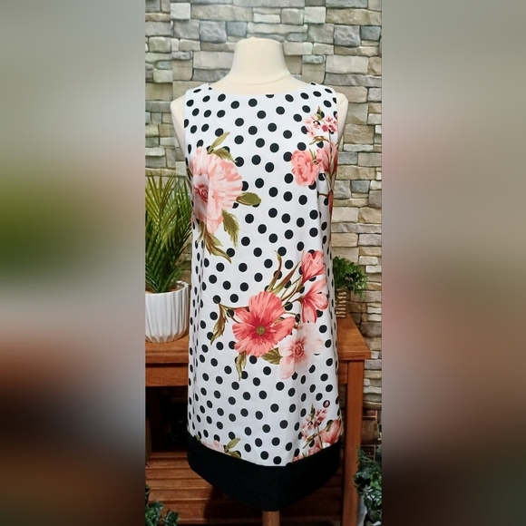 AGB Dresses & Skirts - AGB Womens Size 10 Black White‎ Polka Dot Floral Midi Dress Formal Feminine